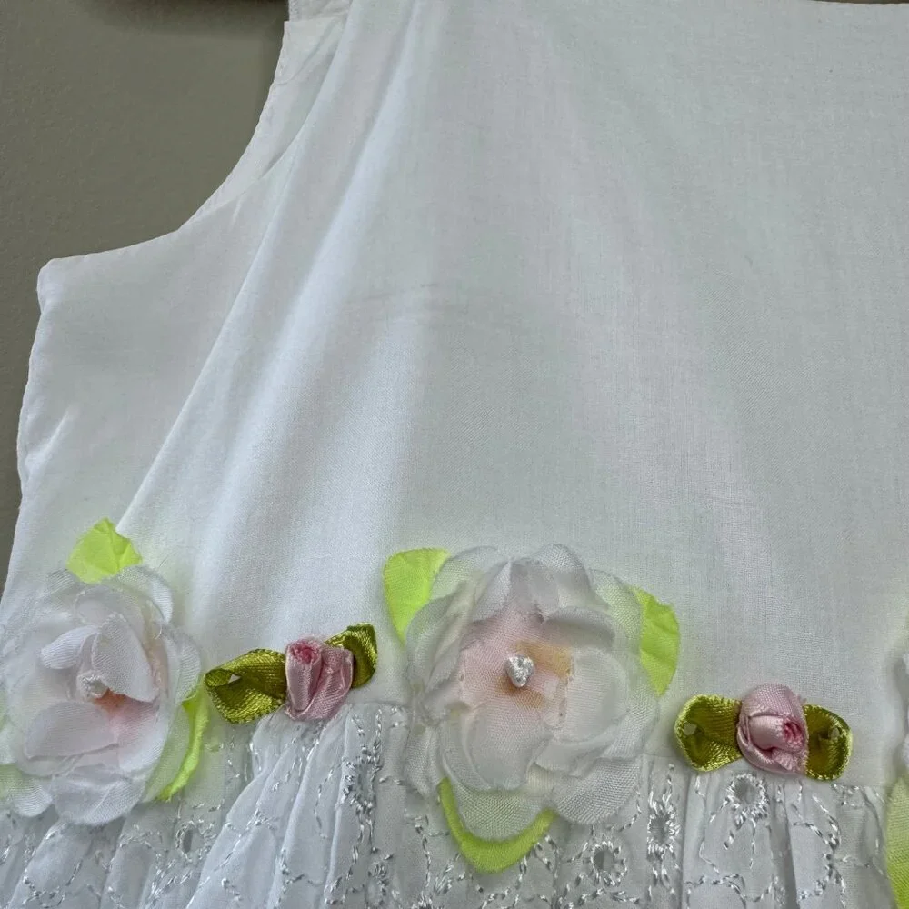 ORIGAMI White Eyelet Dress Girls 3T 3 Floral Waist Cotton Toddler Girl Fancy - Picture 5 of 10